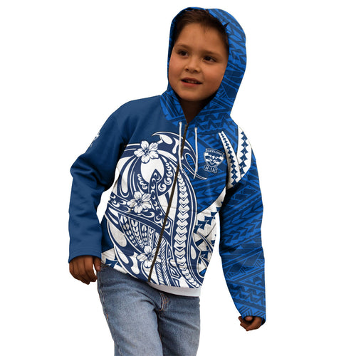 Personalized Geelong Cats Kid Hoodie Polynesian Tribal Cat Mascot With Hibiscus Floral Art