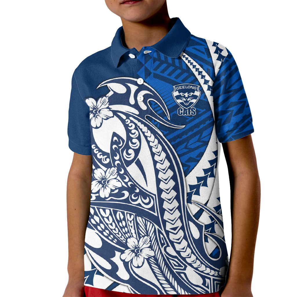 Personalized Geelong Cats Kid Polo Shirt Polynesian Tribal Cat Mascot With Hibiscus Floral Art