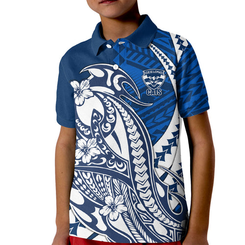 Personalized Geelong Cats Kid Polo Shirt Polynesian Tribal Cat Mascot With Hibiscus Floral Art