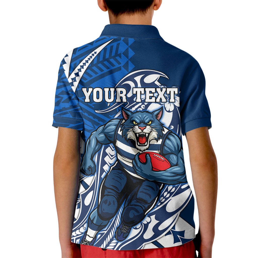Personalized Geelong Cats Kid Polo Shirt Polynesian Tribal Cat Mascot With Hibiscus Floral Art
