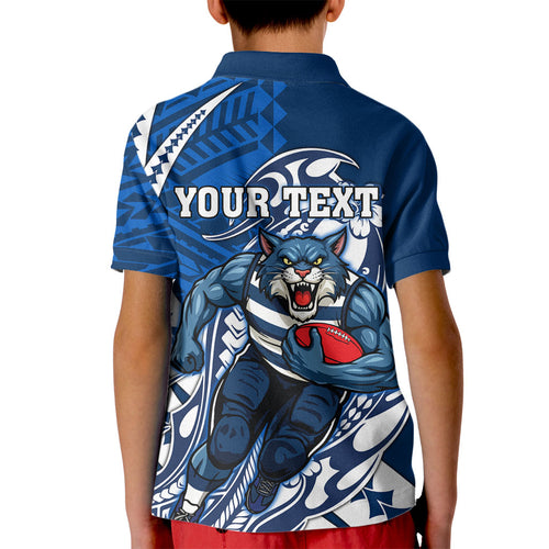 Personalized Geelong Cats Kid Polo Shirt Polynesian Tribal Cat Mascot With Hibiscus Floral Art
