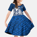 Personalized Geelong Cats Kid Short Sleeve Dress Polynesian Tribal Cat Mascot With Hibiscus Floral Art