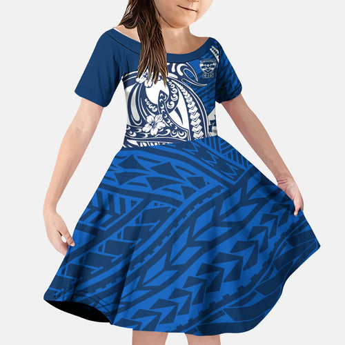Personalized Geelong Cats Kid Short Sleeve Dress Polynesian Tribal Cat Mascot With Hibiscus Floral Art