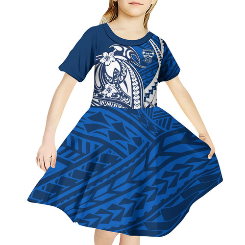 Personalized Geelong Cats Kid Short Sleeve Dress Polynesian Tribal Cat Mascot With Hibiscus Floral Art