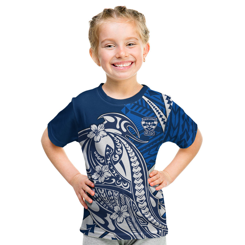 Personalized Geelong Cats Kid T Shirt Polynesian Tribal Cat Mascot With Hibiscus Floral Art