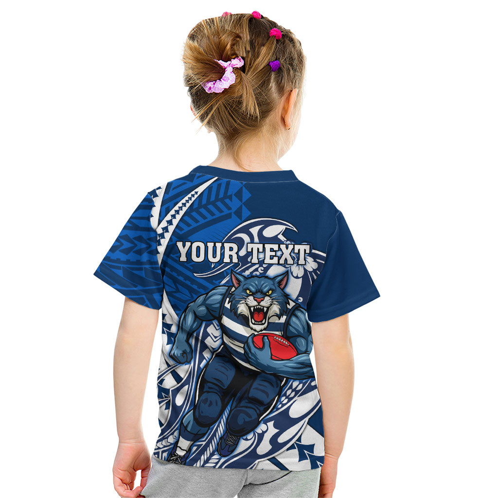 Personalized Geelong Cats Kid T Shirt Polynesian Tribal Cat Mascot With Hibiscus Floral Art