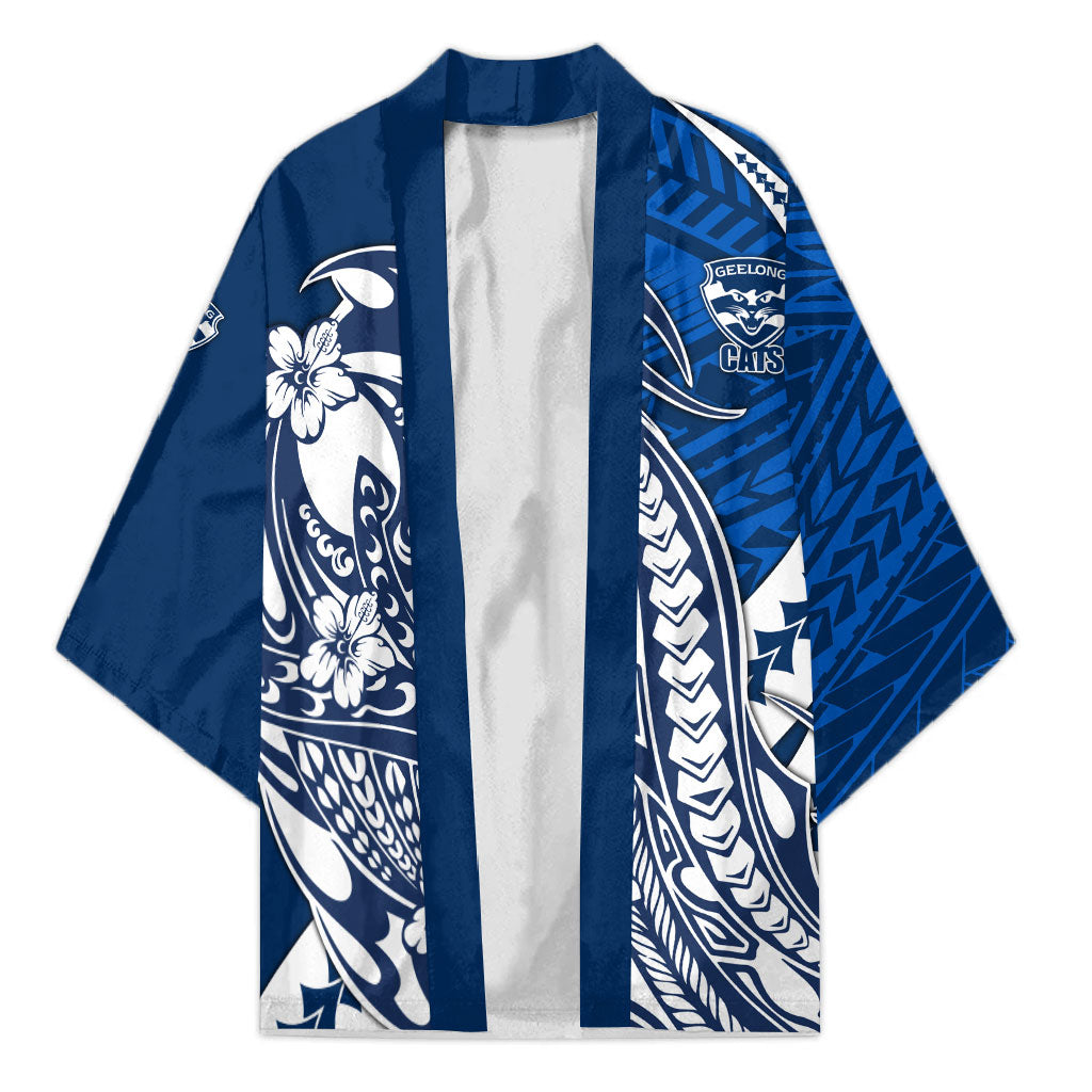 Personalized Geelong Cats Kimono Polynesian Tribal Cat Mascot With Hibiscus Floral Art