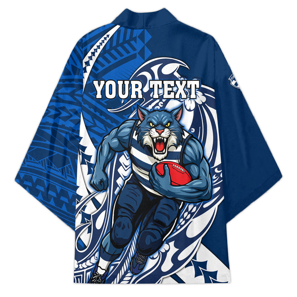 Personalized Geelong Cats Kimono Polynesian Tribal Cat Mascot With Hibiscus Floral Art
