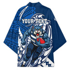 Personalized Geelong Cats Kimono Polynesian Tribal Cat Mascot With Hibiscus Floral Art