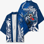 Personalized Geelong Cats Kimono Polynesian Tribal Cat Mascot With Hibiscus Floral Art