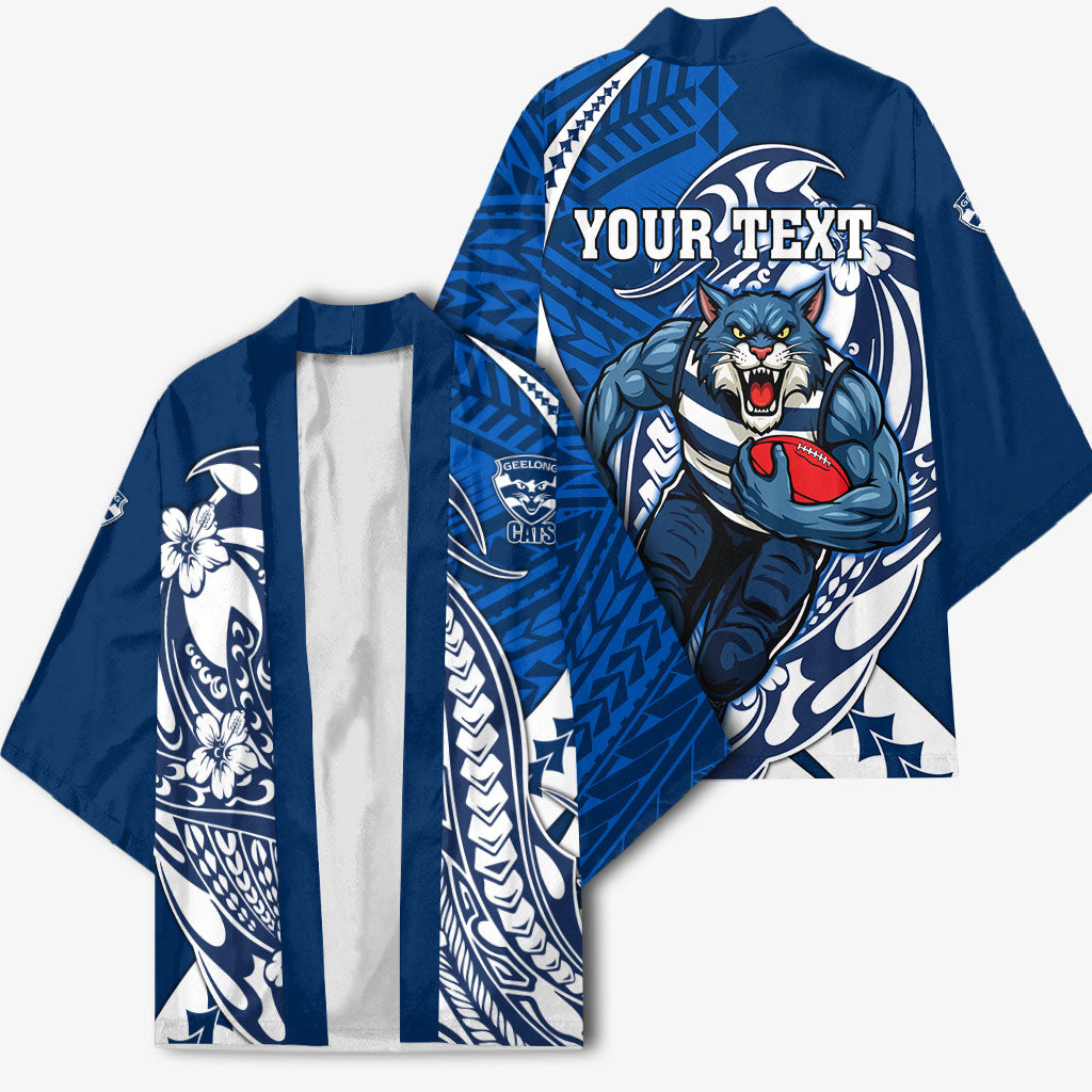 Personalized Geelong Cats Kimono Polynesian Tribal Cat Mascot With Hibiscus Floral Art