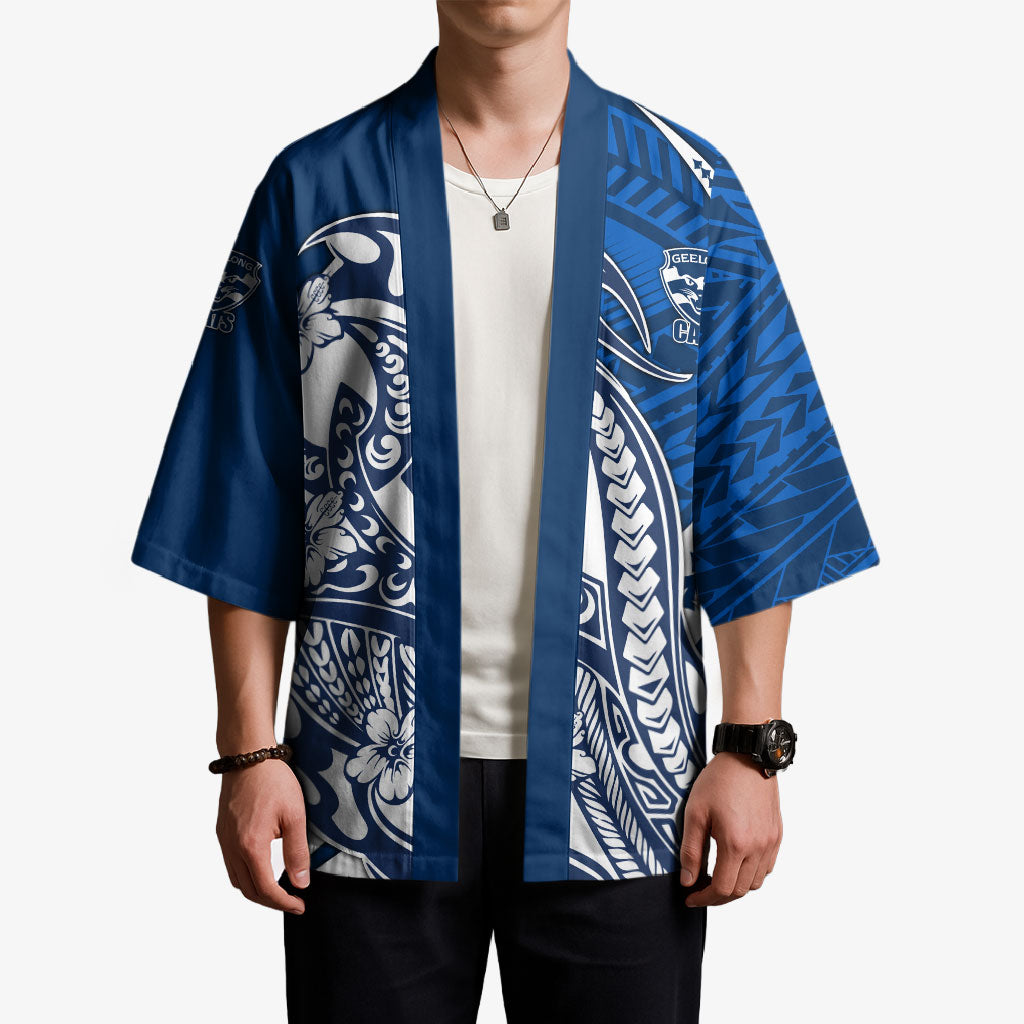 Personalized Geelong Cats Kimono Polynesian Tribal Cat Mascot With Hibiscus Floral Art