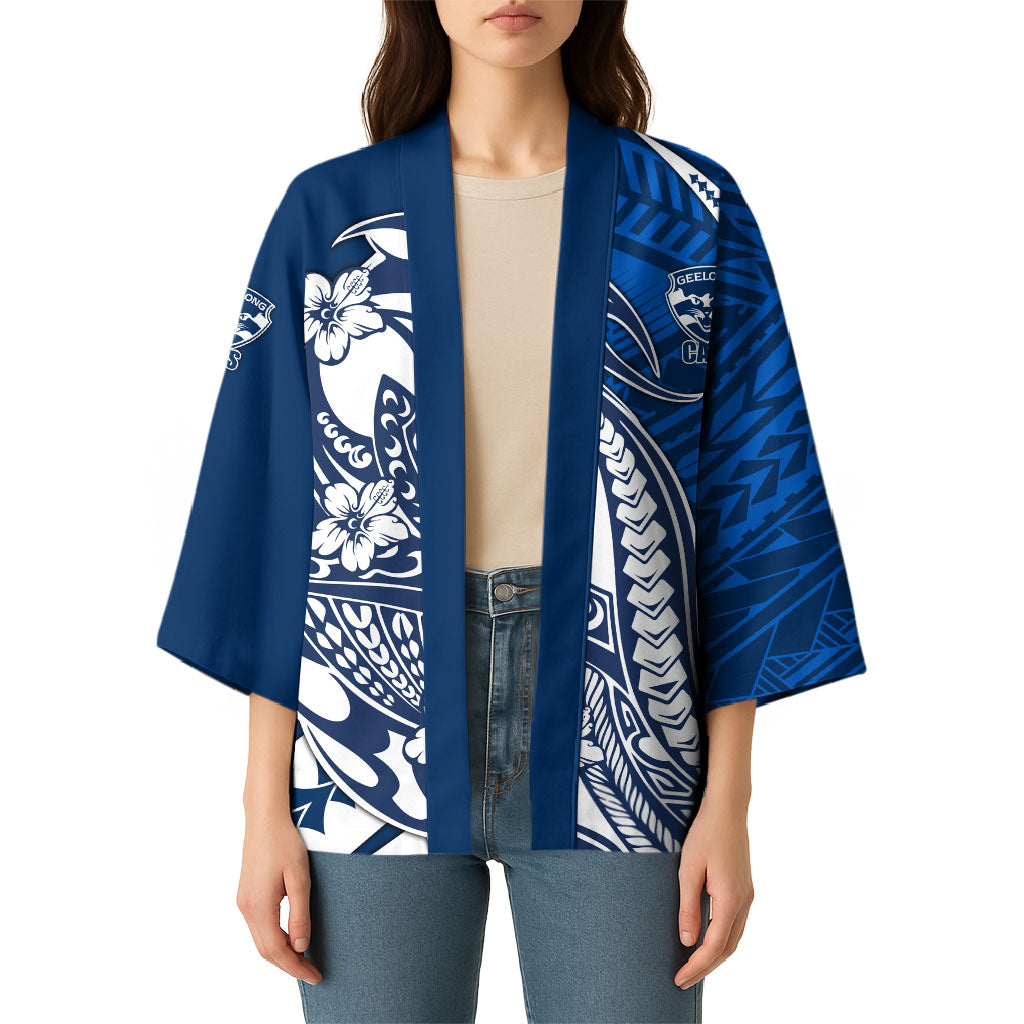 Personalized Geelong Cats Kimono Polynesian Tribal Cat Mascot With Hibiscus Floral Art