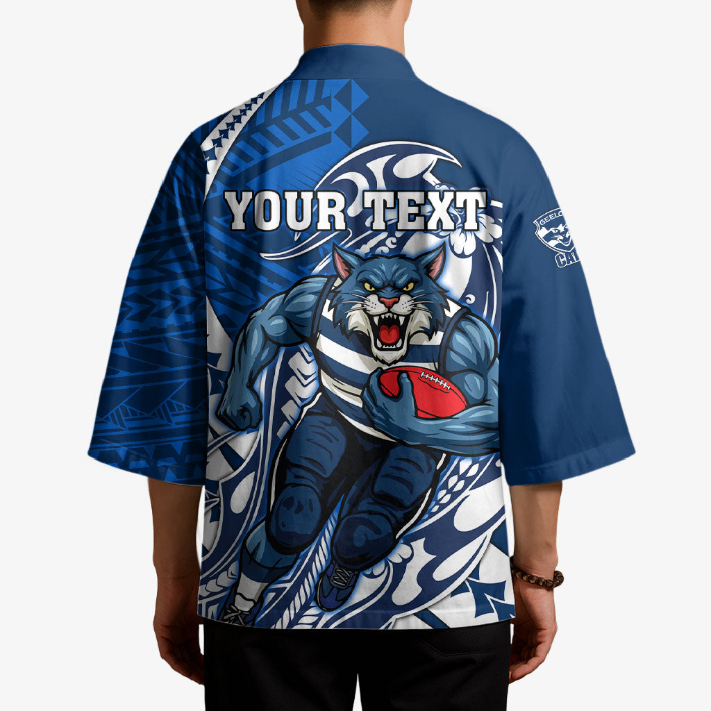 Personalized Geelong Cats Kimono Polynesian Tribal Cat Mascot With Hibiscus Floral Art