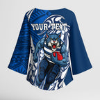 Personalized Geelong Cats Kimono Sleeve Blouse Polynesian Tribal Cat Mascot With Hibiscus Floral Art