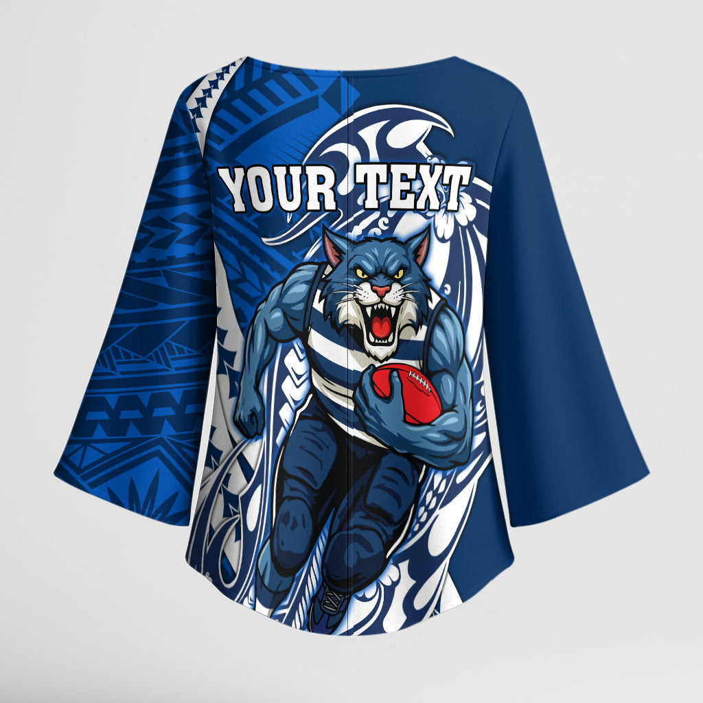 Personalized Geelong Cats Kimono Sleeve Blouse Polynesian Tribal Cat Mascot With Hibiscus Floral Art