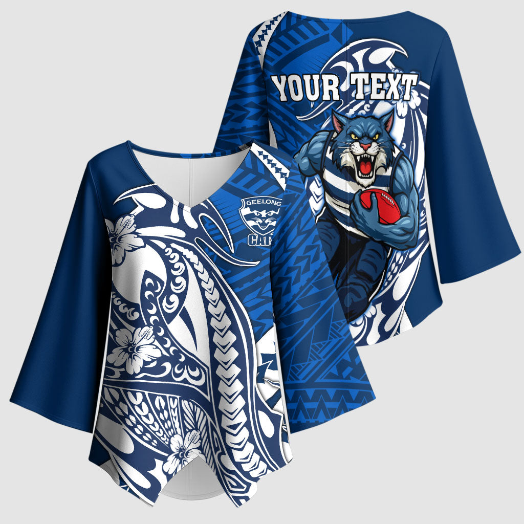 Personalized Geelong Cats Kimono Sleeve Blouse Polynesian Tribal Cat Mascot With Hibiscus Floral Art