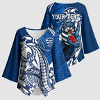 Personalized Geelong Cats Kimono Sleeve Blouse Polynesian Tribal Cat Mascot With Hibiscus Floral Art