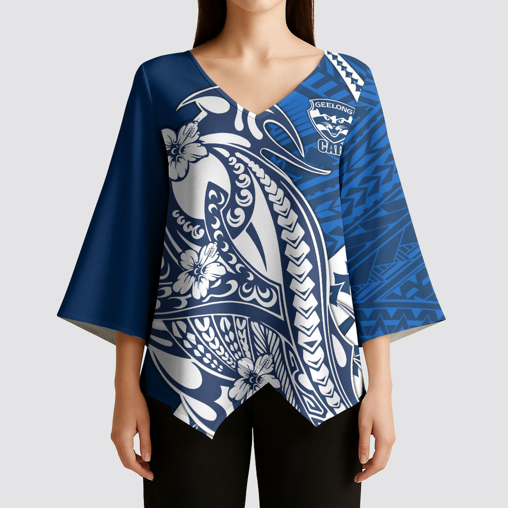 Personalized Geelong Cats Kimono Sleeve Blouse Polynesian Tribal Cat Mascot With Hibiscus Floral Art