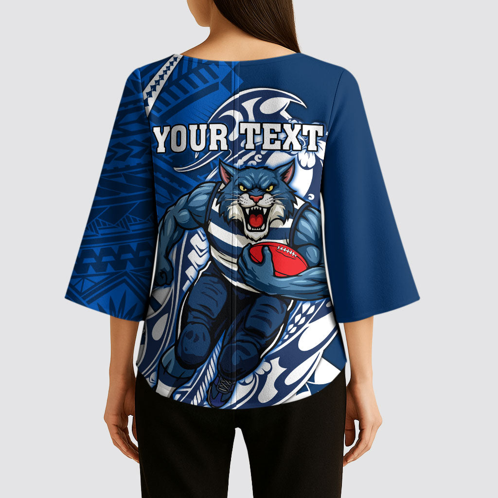 Personalized Geelong Cats Kimono Sleeve Blouse Polynesian Tribal Cat Mascot With Hibiscus Floral Art