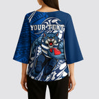 Personalized Geelong Cats Kimono Sleeve Blouse Polynesian Tribal Cat Mascot With Hibiscus Floral Art