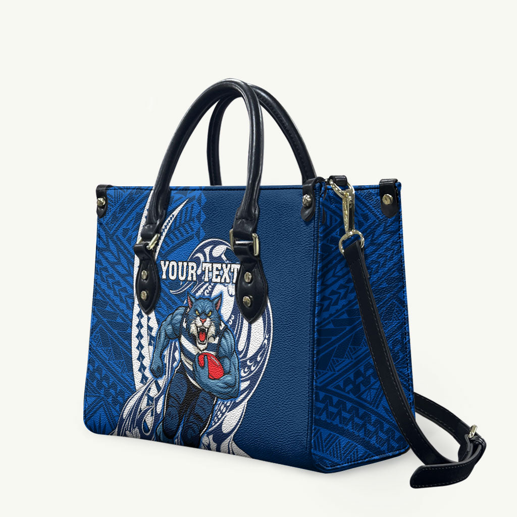 Personalized Geelong Cats Leather Bag Polynesian Tribal Cat Mascot With Hibiscus Floral Art