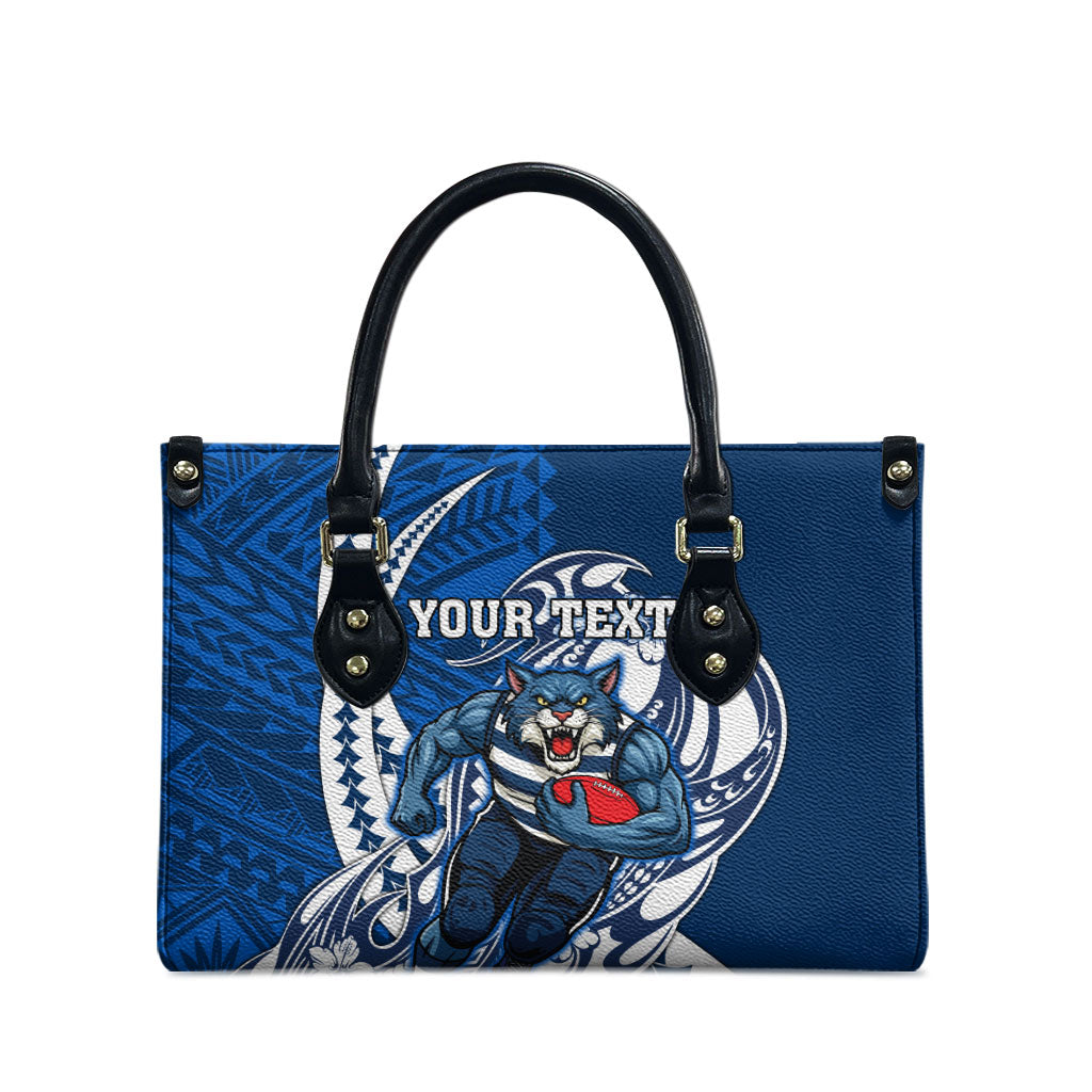 Personalized Geelong Cats Leather Bag Polynesian Tribal Cat Mascot With Hibiscus Floral Art