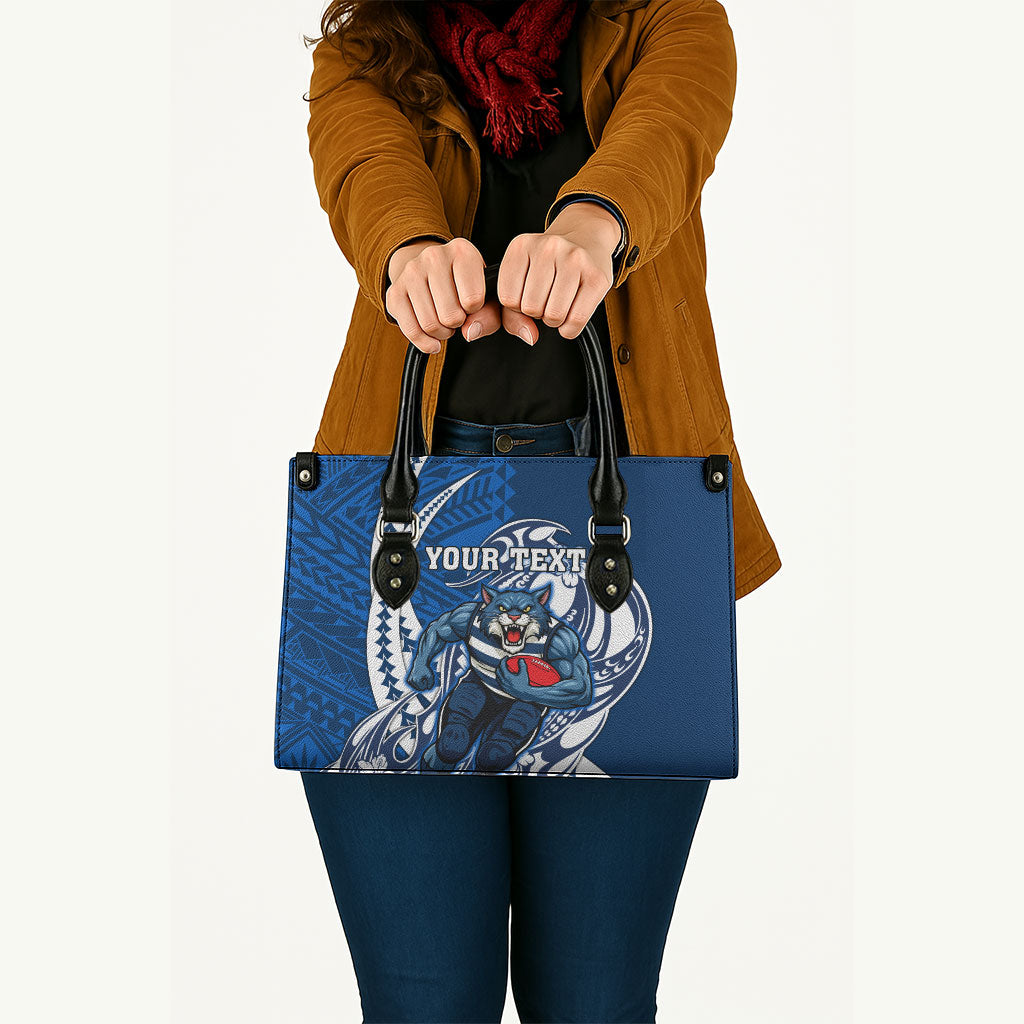 Personalized Geelong Cats Leather Bag Polynesian Tribal Cat Mascot With Hibiscus Floral Art