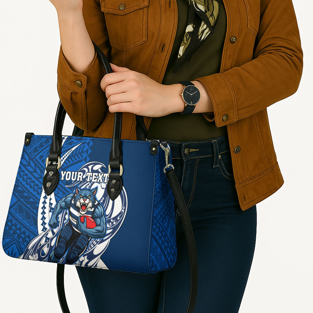 Personalized Geelong Cats Leather Bag Polynesian Tribal Cat Mascot With Hibiscus Floral Art