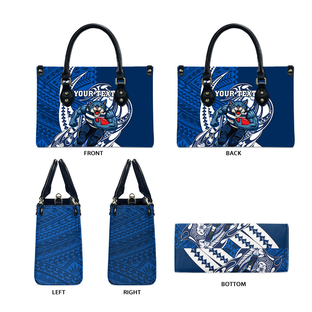 Personalized Geelong Cats Leather Bag Polynesian Tribal Cat Mascot With Hibiscus Floral Art