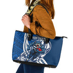 Personalized Geelong Cats Leather Tote Bag Polynesian Tribal Cat Mascot With Hibiscus Floral Art
