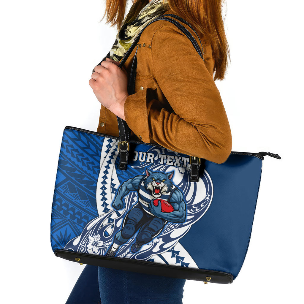 Personalized Geelong Cats Leather Tote Bag Polynesian Tribal Cat Mascot With Hibiscus Floral Art