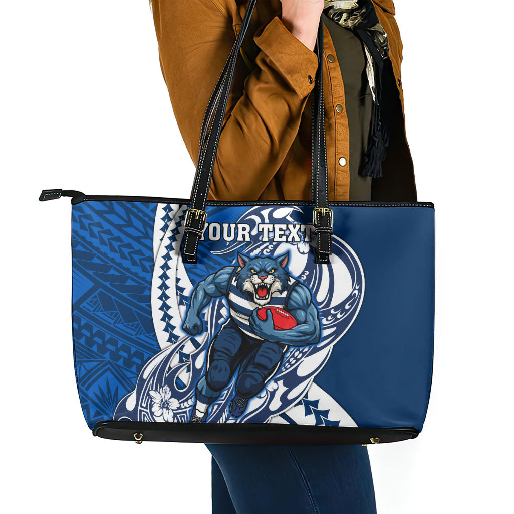 Personalized Geelong Cats Leather Tote Bag Polynesian Tribal Cat Mascot With Hibiscus Floral Art