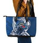 Personalized Geelong Cats Leather Tote Bag Polynesian Tribal Cat Mascot With Hibiscus Floral Art