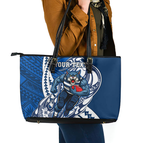 Personalized Geelong Cats Leather Tote Bag Polynesian Tribal Cat Mascot With Hibiscus Floral Art
