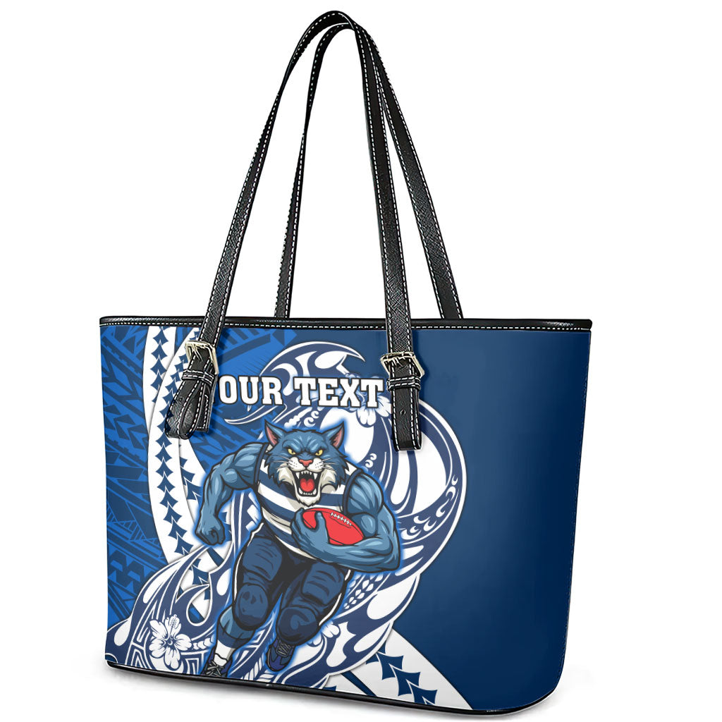 Personalized Geelong Cats Leather Tote Bag Polynesian Tribal Cat Mascot With Hibiscus Floral Art