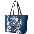 Personalized Geelong Cats Leather Tote Bag Polynesian Tribal Cat Mascot With Hibiscus Floral Art
