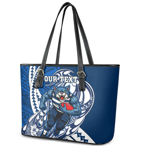 Personalized Geelong Cats Leather Tote Bag Polynesian Tribal Cat Mascot With Hibiscus Floral Art