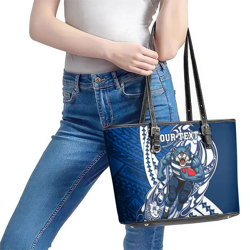 Personalized Geelong Cats Leather Tote Bag Polynesian Tribal Cat Mascot With Hibiscus Floral Art