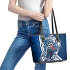 Personalized Geelong Cats Leather Tote Bag Polynesian Tribal Cat Mascot With Hibiscus Floral Art