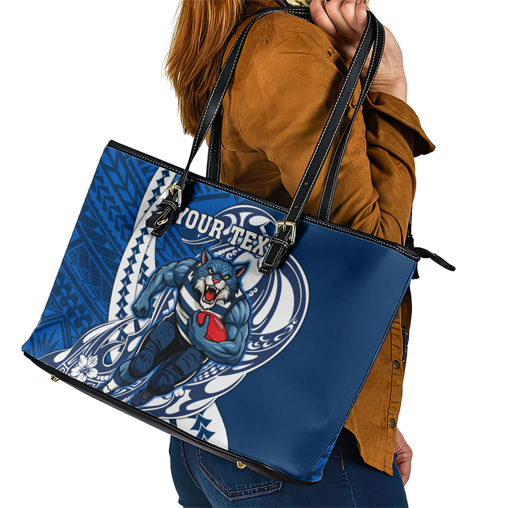 Personalized Geelong Cats Leather Tote Bag Polynesian Tribal Cat Mascot With Hibiscus Floral Art