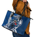 Personalized Geelong Cats Leather Tote Bag Polynesian Tribal Cat Mascot With Hibiscus Floral Art