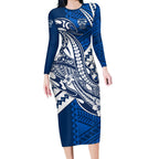 Personalized Geelong Cats Long Sleeve Bodycon Dress Polynesian Tribal Cat Mascot With Hibiscus Floral Art