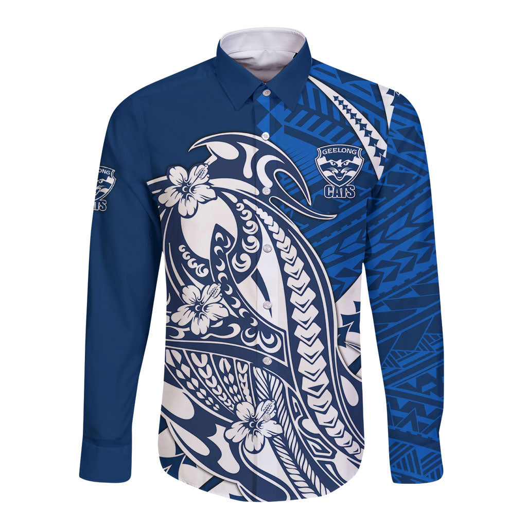 Personalized Geelong Cats Long Sleeve Button Shirt Polynesian Tribal Cat Mascot With Hibiscus Floral Art