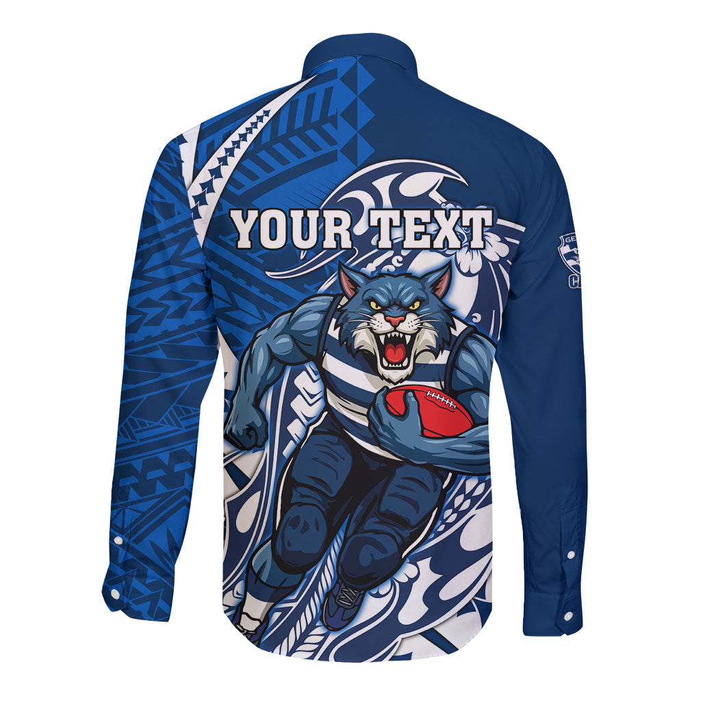 Personalized Geelong Cats Long Sleeve Button Shirt Polynesian Tribal Cat Mascot With Hibiscus Floral Art