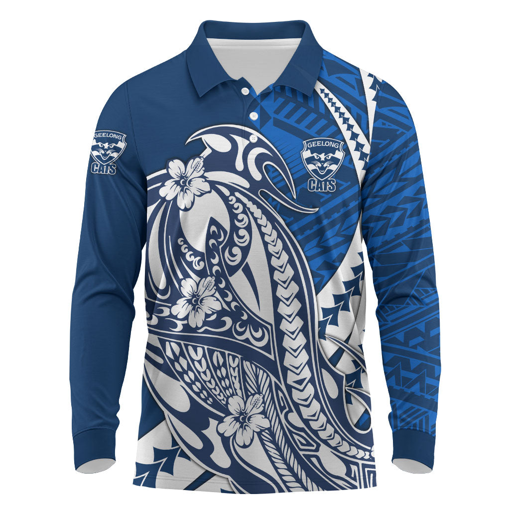 Personalized Geelong Cats Long Sleeve Polo Shirt Polynesian Tribal Cat Mascot With Hibiscus Floral Art