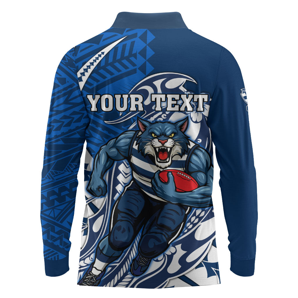 Personalized Geelong Cats Long Sleeve Polo Shirt Polynesian Tribal Cat Mascot With Hibiscus Floral Art