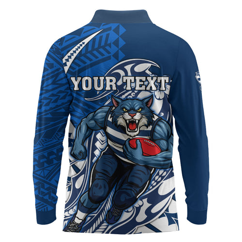 Personalized Geelong Cats Long Sleeve Polo Shirt Polynesian Tribal Cat Mascot With Hibiscus Floral Art