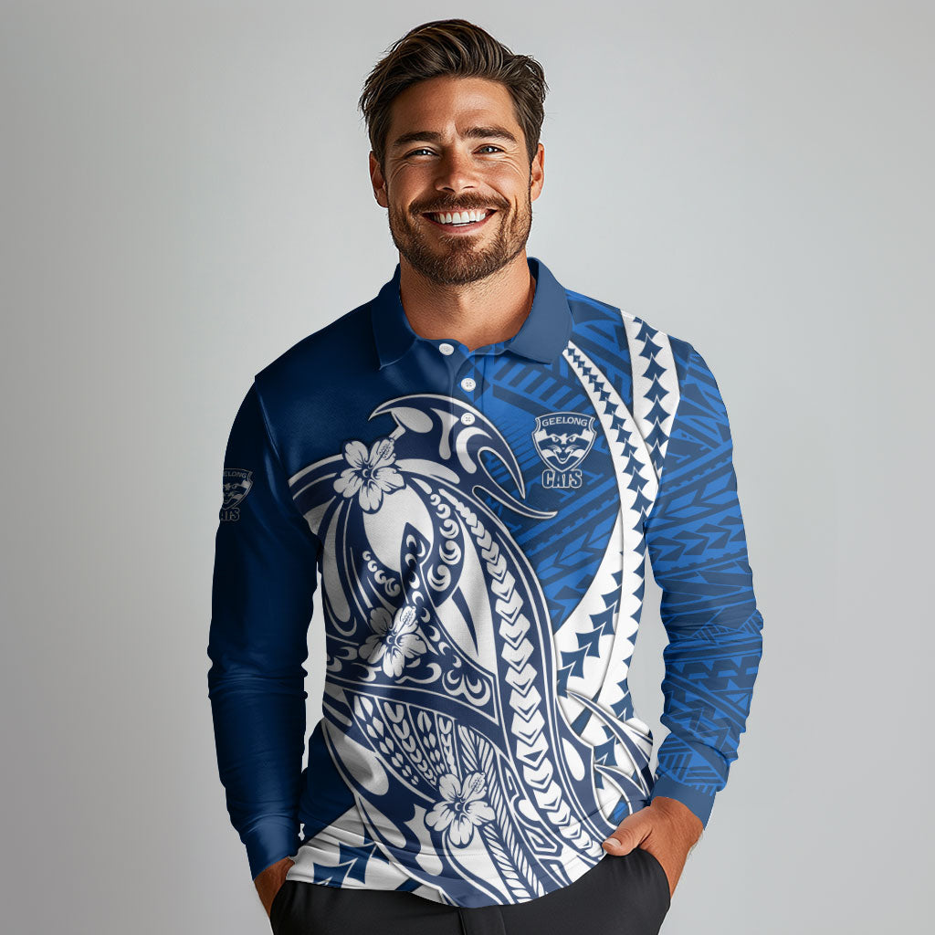 Personalized Geelong Cats Long Sleeve Polo Shirt Polynesian Tribal Cat Mascot With Hibiscus Floral Art
