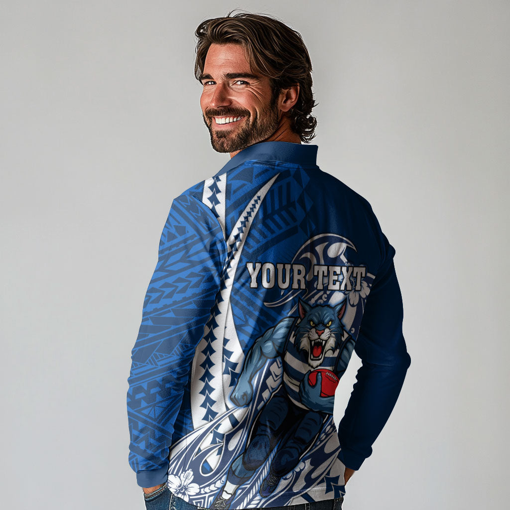 Personalized Geelong Cats Long Sleeve Polo Shirt Polynesian Tribal Cat Mascot With Hibiscus Floral Art